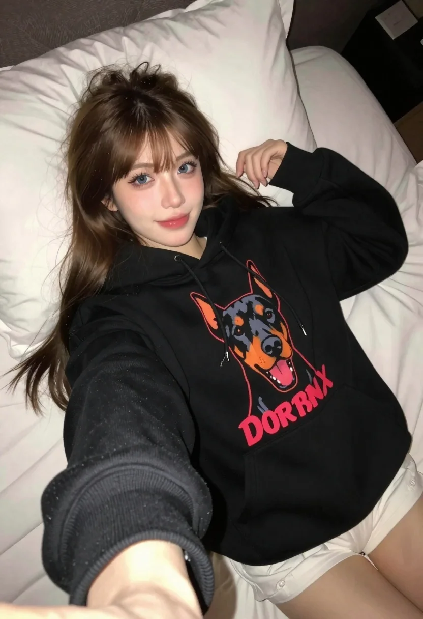 Young Woman With Long Brown Hair And Bangs Lies White reference photo