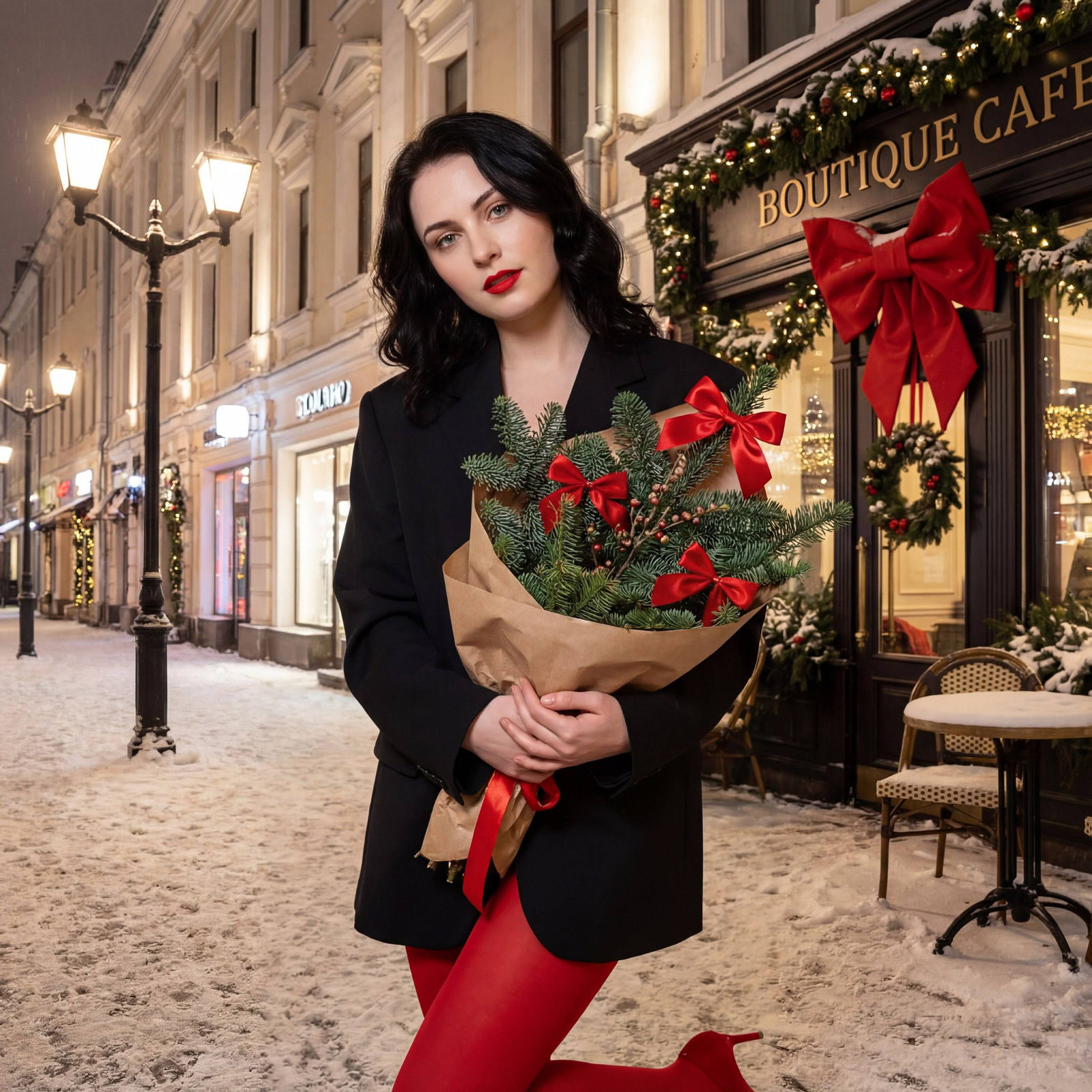 A glamorous close-up portrait with a festive mood featuring an oversized blazer, bright red tights, and a stunning bouquet in a snowy Moscow café.