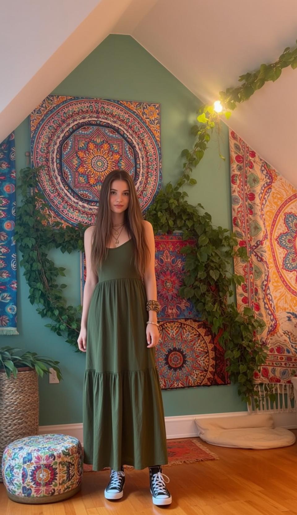 Bohemian Room Green Dress Layered Necklaces