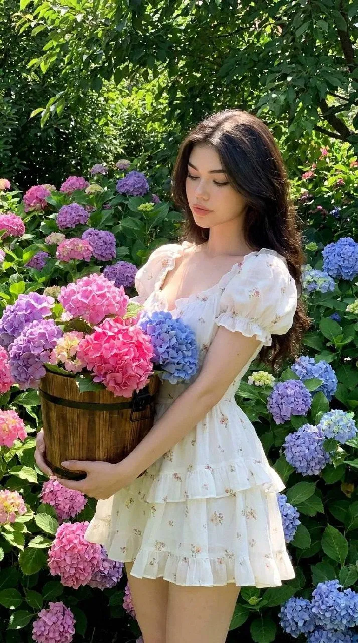 Girl In White Dress Holding Flower Bucket Lush Garden