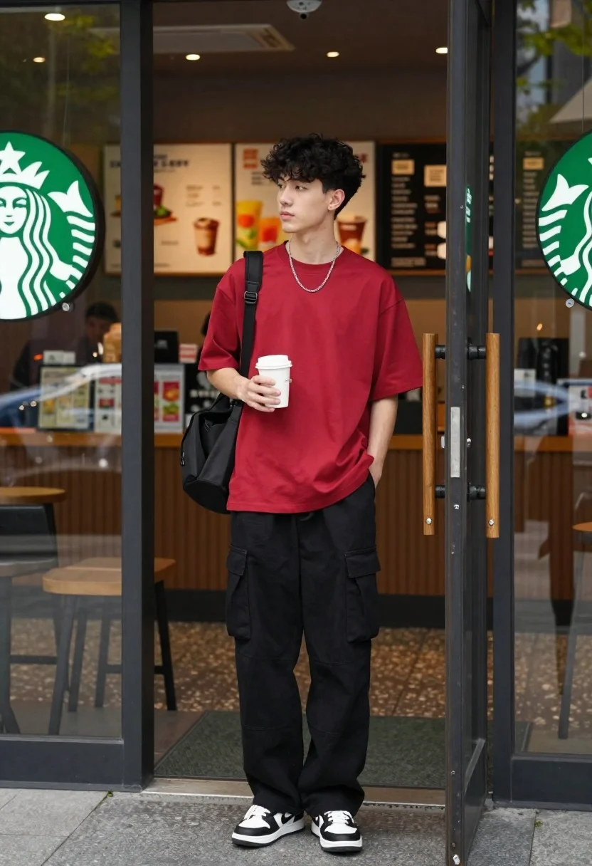 A young man with dark curly hair standing in the doorway of a Starbucks, holding a white paper cup in soft daylight.