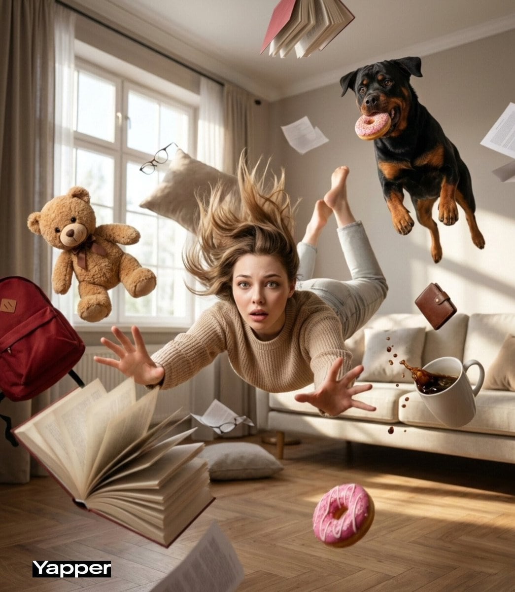 A woman in a cozy room falling amidst swirling everyday objects with sunlight streaming through a window.