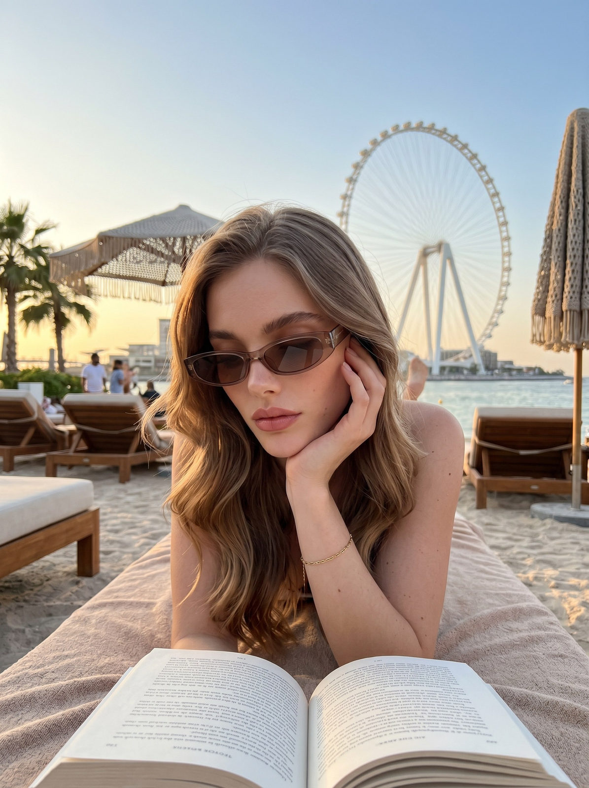 A woman in stylish sunglasses relaxing on a sun lounger at a Dubai beach resort, engrossed in a book during a golden sunset.