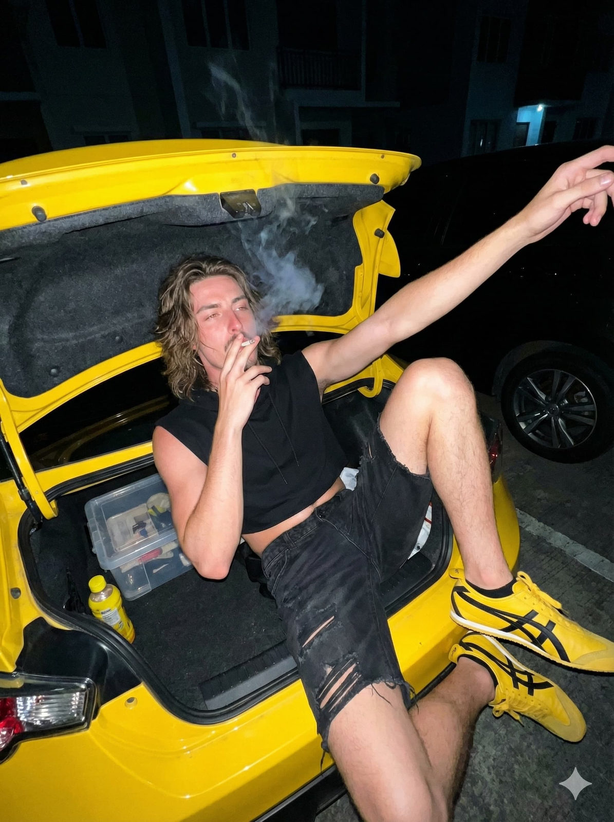 A woman with long hair styled in a wolf cut lies relaxed in the trunk of a bright yellow sports car, holding a lit cigarette.