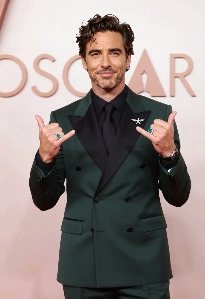 Man Dark Green Double-breasted Tuxedo With Black Lapels Stands Against