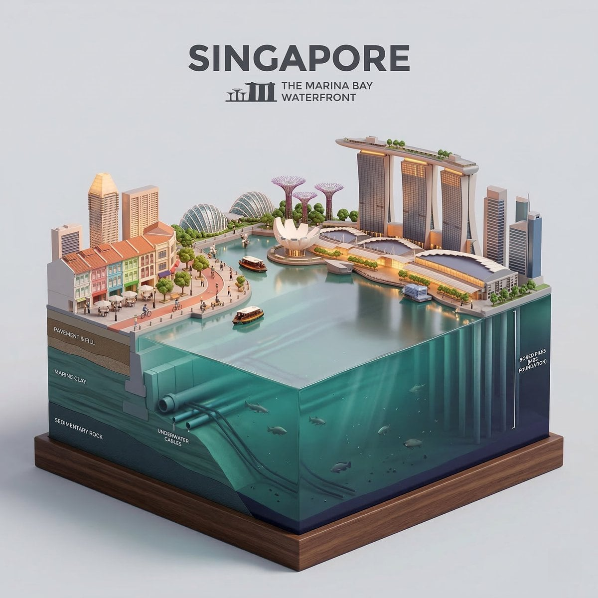 A vibrant isometric city diorama featuring a waterfront with detailed building facades, tiny residents, and ambient lighting.
