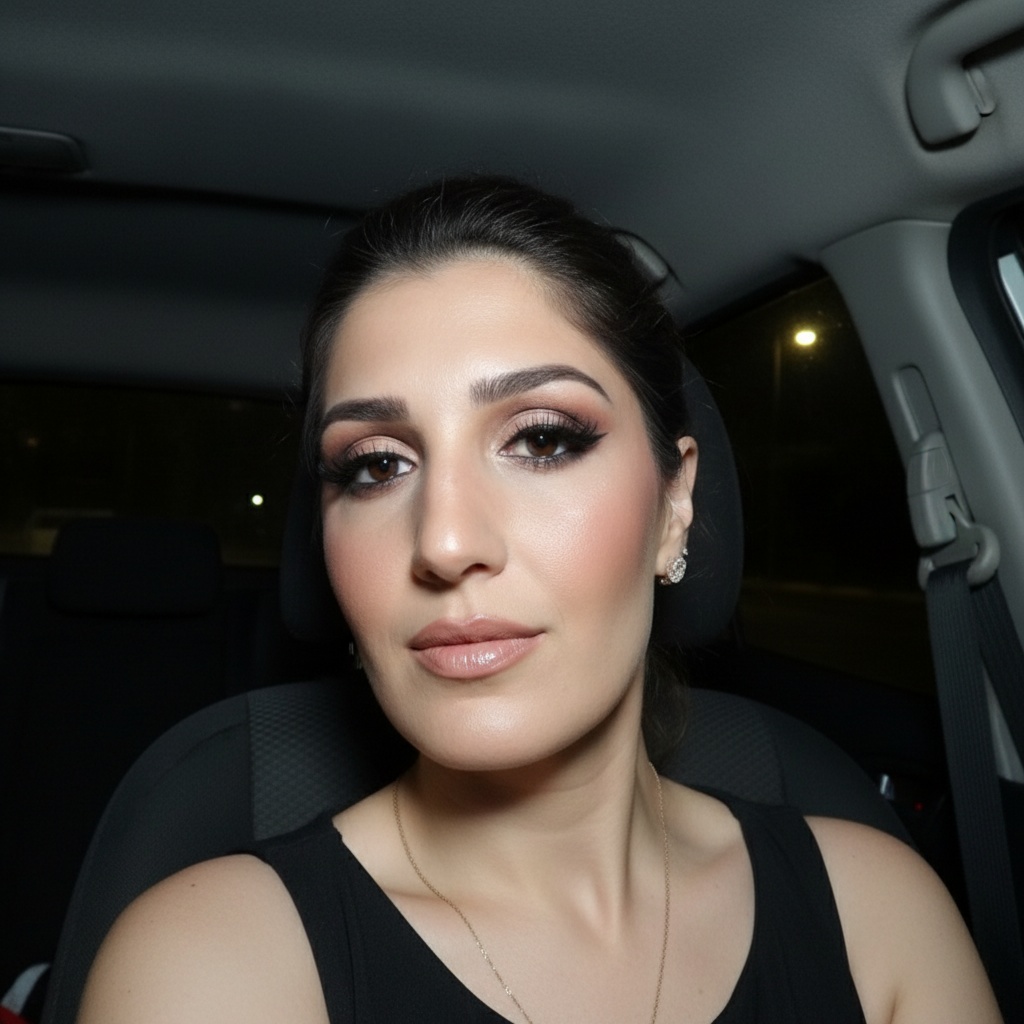 A confident young woman with dramatic club glam makeup, showcasing glossy lips and bold eyeliner, captured in a nighttime car selfie.