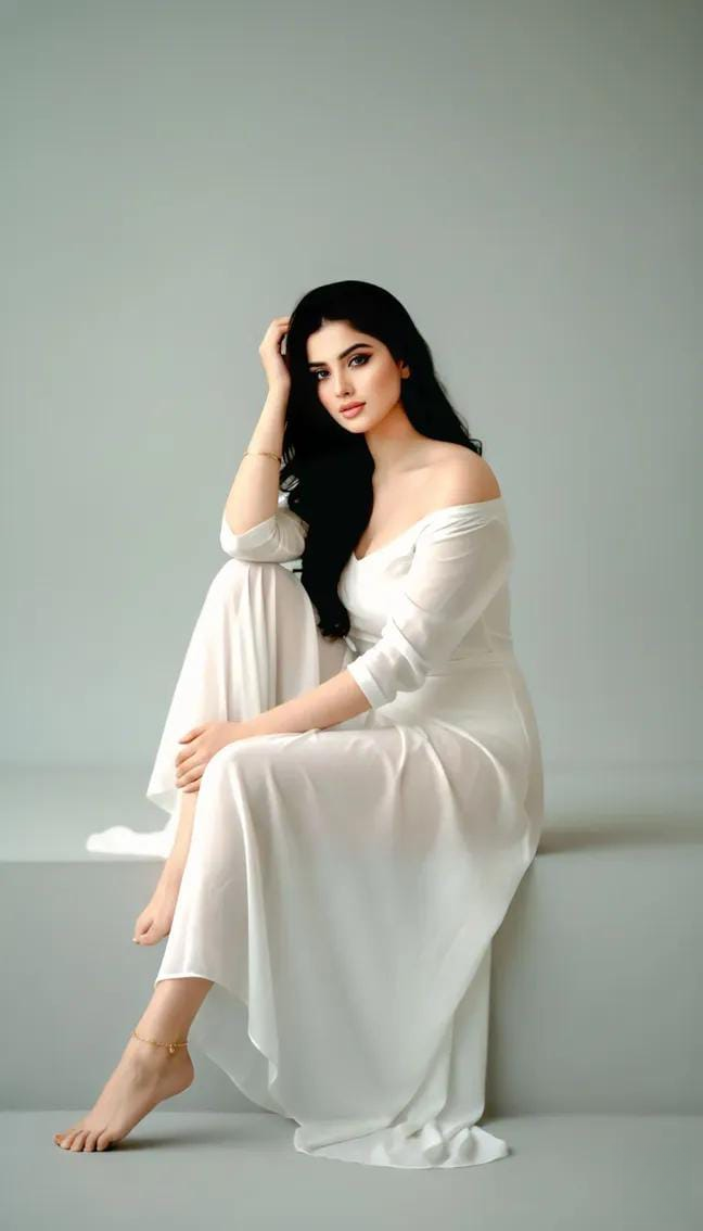 A woman with long, wavy dark hair seated gracefully on a light gray step, dressed in a sheer, flowing garment.