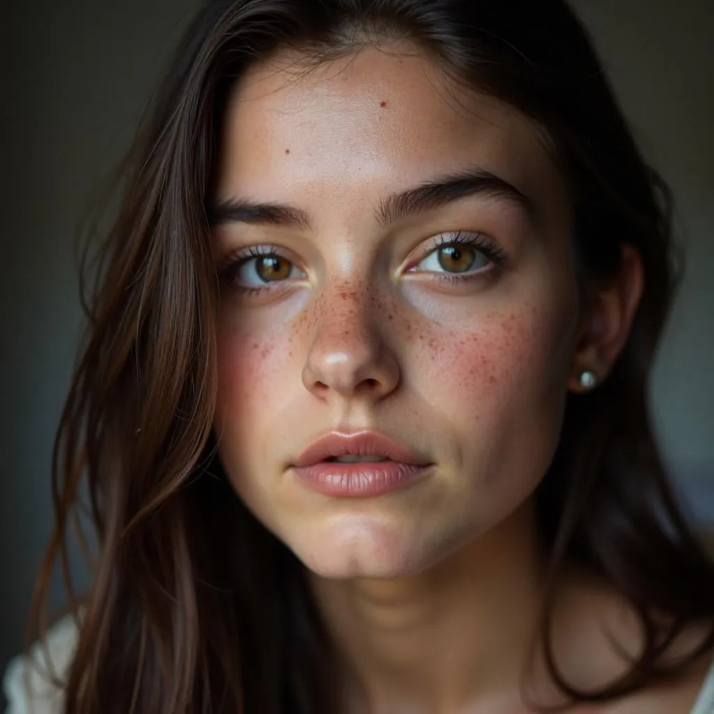 Close Up Freckled Face Soft Lighting Pearl Earrings