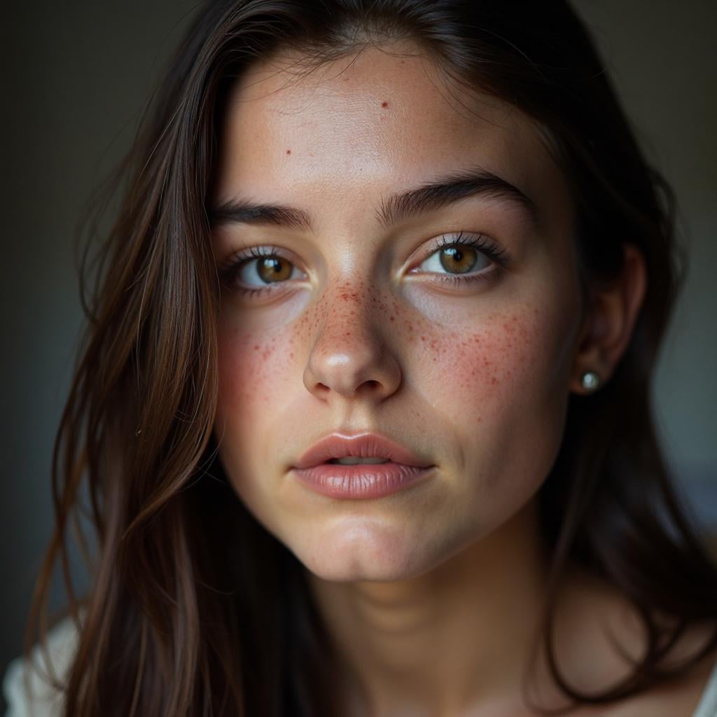 Close Up Freckled Face Soft Lighting Pearl Earrings