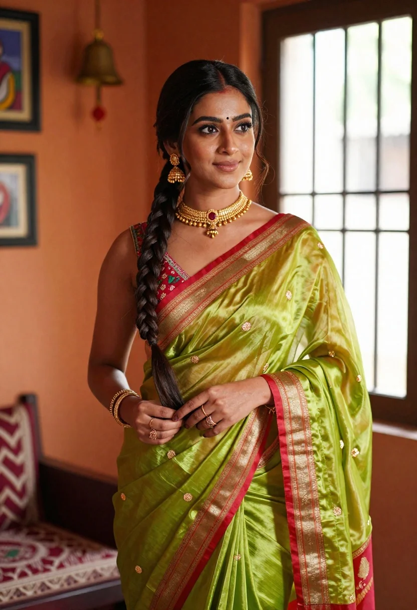 Woman Stands Warmly Lit Interior Wearing Traditional Green Silk Saree reference photo
