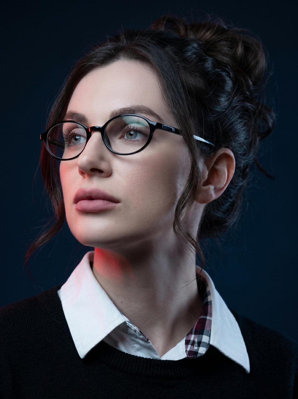 Studio Portrait Woman Cool Neutral Makeup Wavy Bun