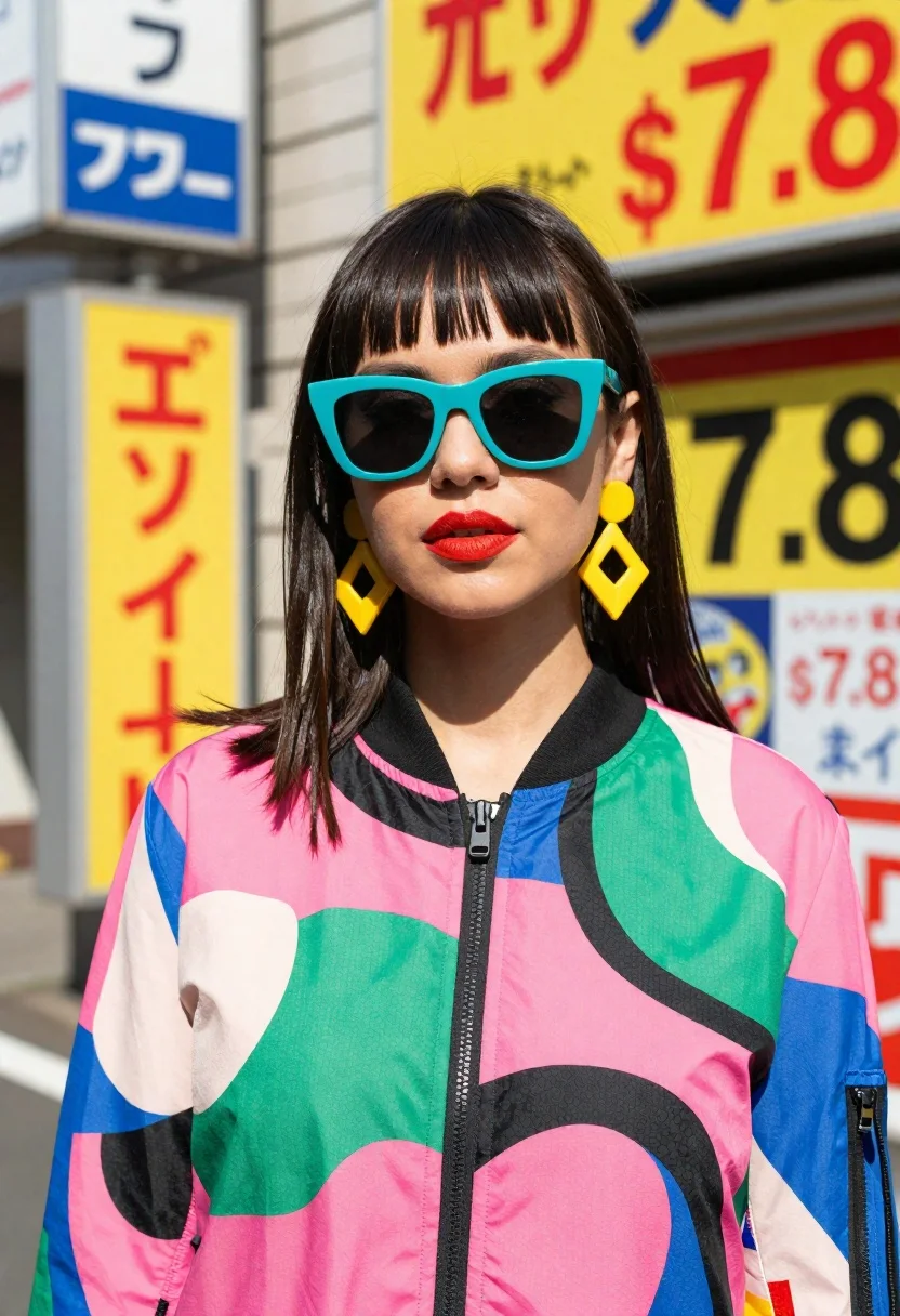 Vibrant Street-style Portrait Young Woman Sunlit Urban Setting Filled With reference photo