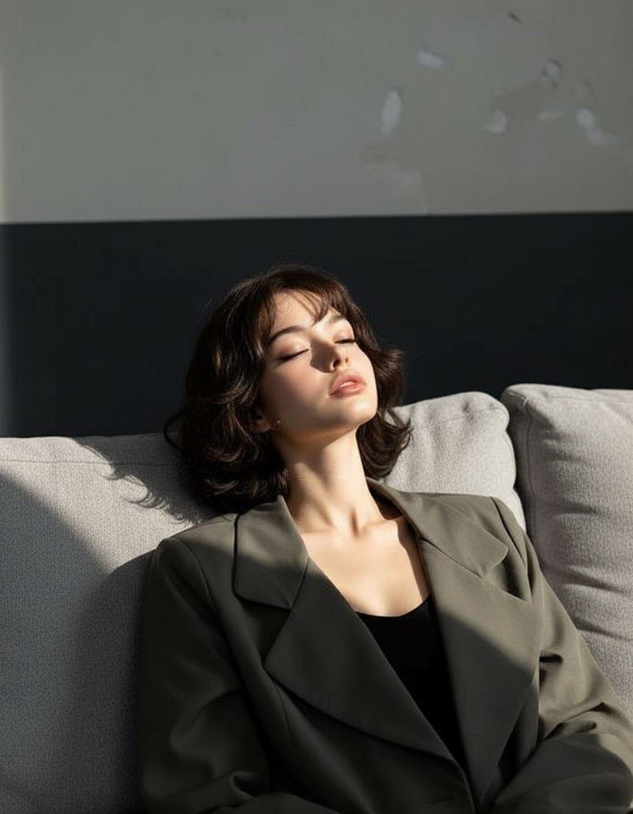 A woman lying on a light grey sofa with closed eyes, wearing a charcoal grey blazer, illuminated by dramatic sunlight.