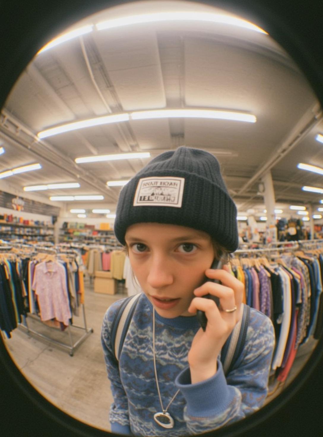 Clothing Store Candid Fisheye Blue Sweater Beanie