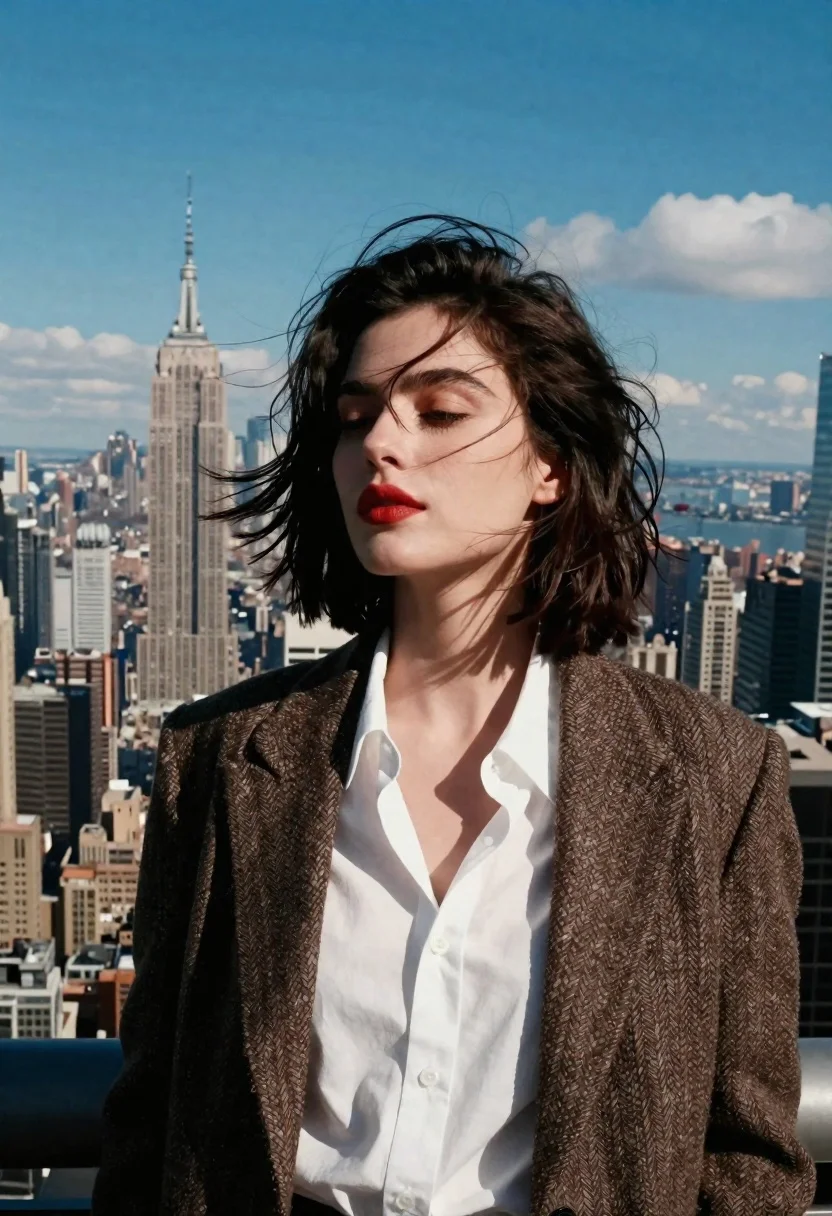 Portrait Woman With Windswept Dark Hair And Bold Red Lipstick reference photo