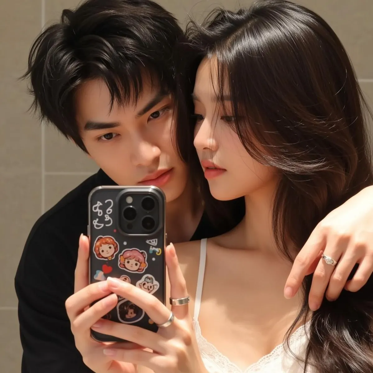 Explore Embracing Both Looking Smartphone Held Head