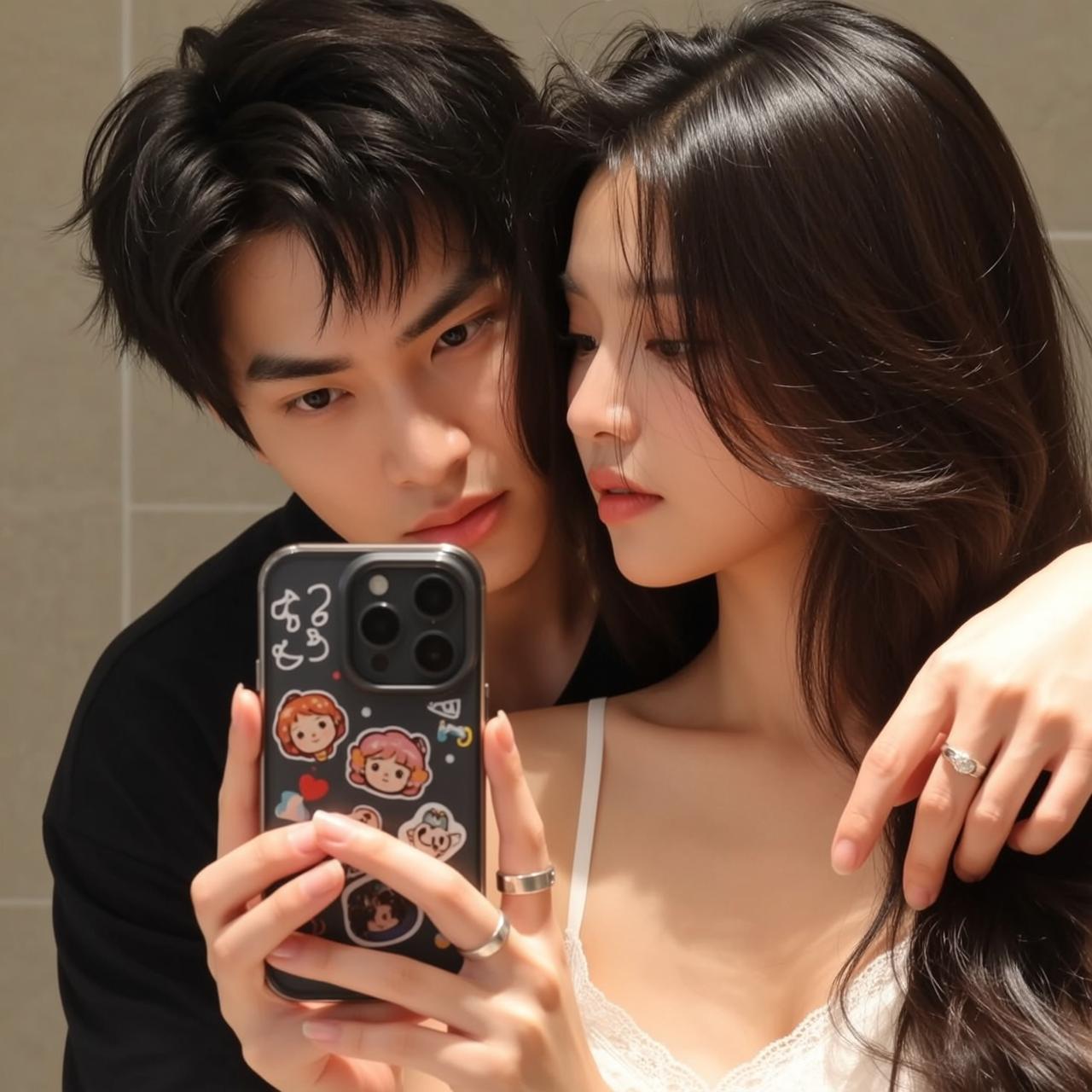 Explore Embracing Both Looking Smartphone Held Head
