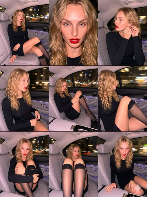 Close-up of a person in a black mini-dress seated in a luxury car, city lights blurring through the window.