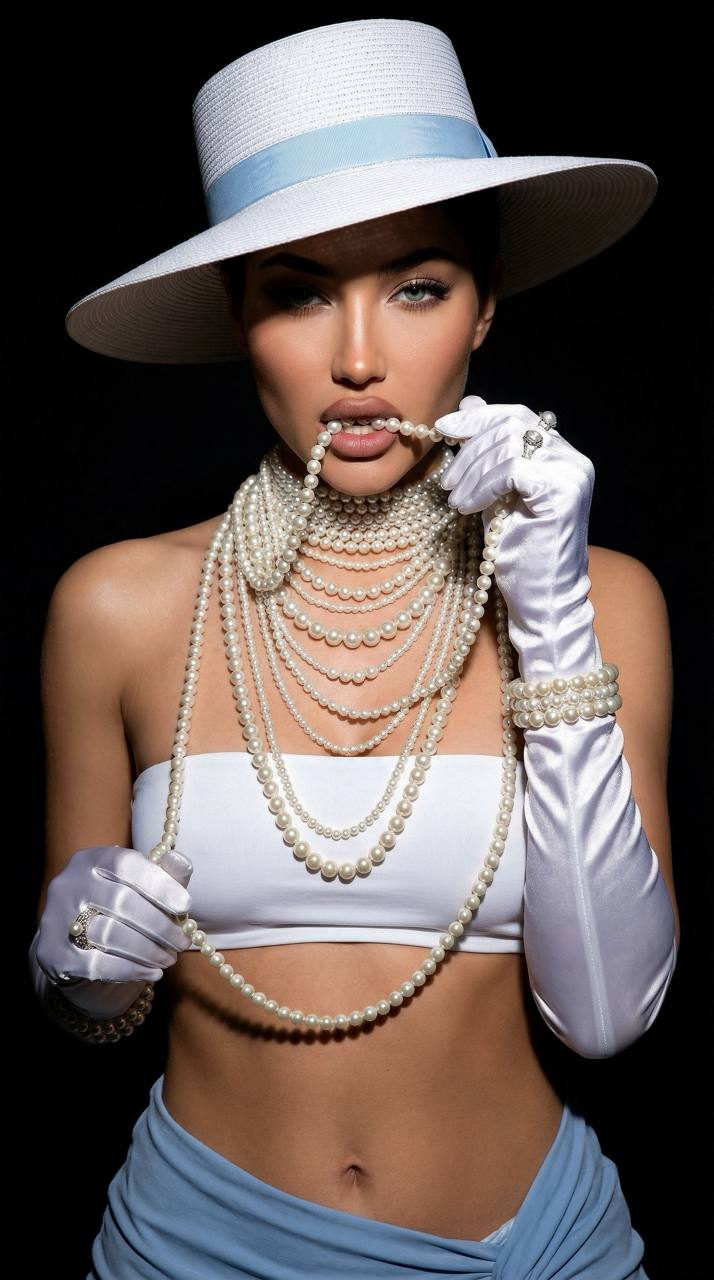 Elegant woman with a wide-brimmed hat, biting a pearl necklace, dramatic lighting accentuating textures.