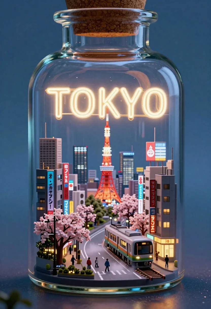 Translucent Glass Bottle With Cork Stopper Containing Miniature Illuminated Tokyo reference photo