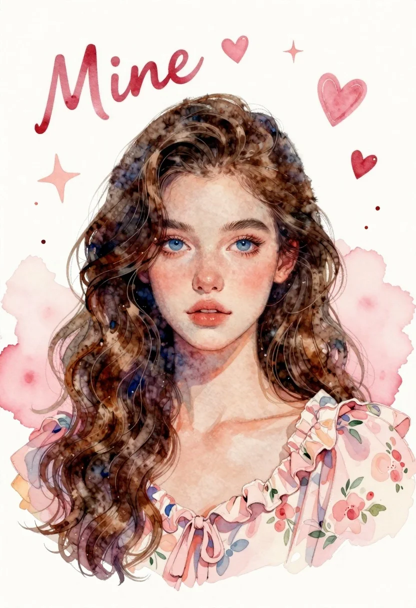 Soft Watercolor Portrait Young Woman With Voluminous Wavy Brown Hair