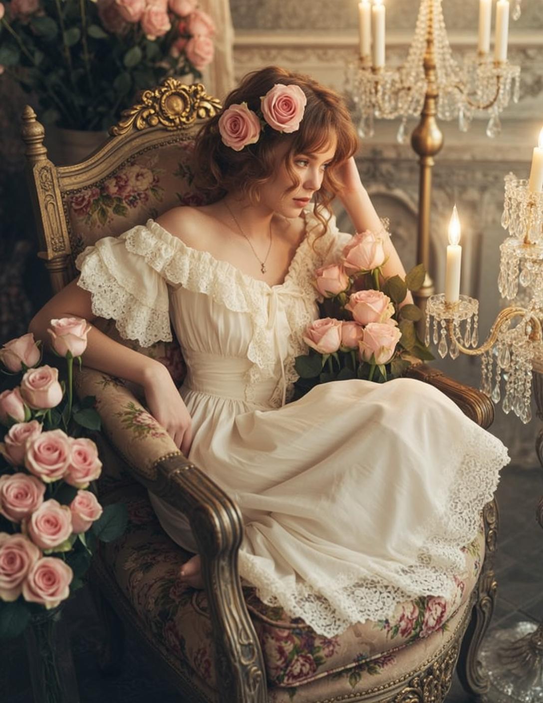 Fairycore Young Wavy Auburn Hair Pink Roses