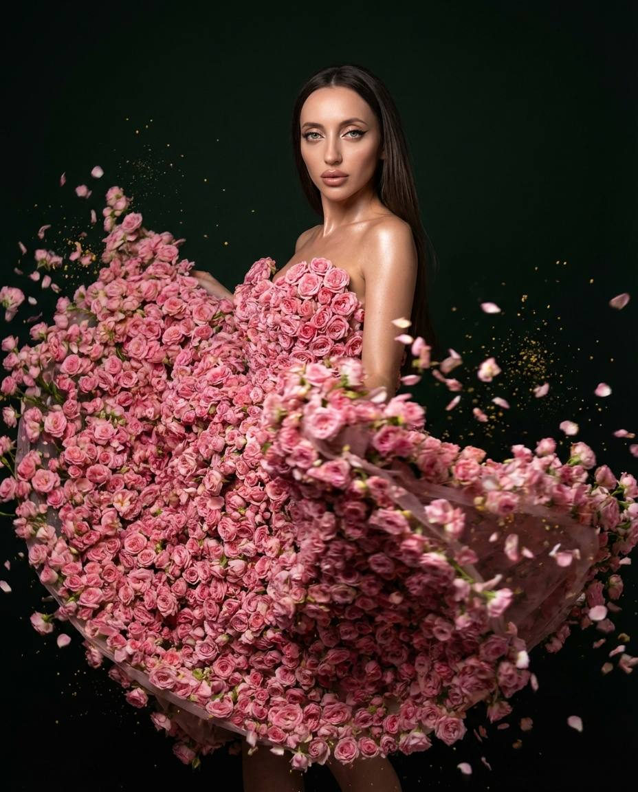 A girl in a flowing dress made of pink roses, captured in motion against a deep dark green background, showcasing exquisite detail and vibrant colors.