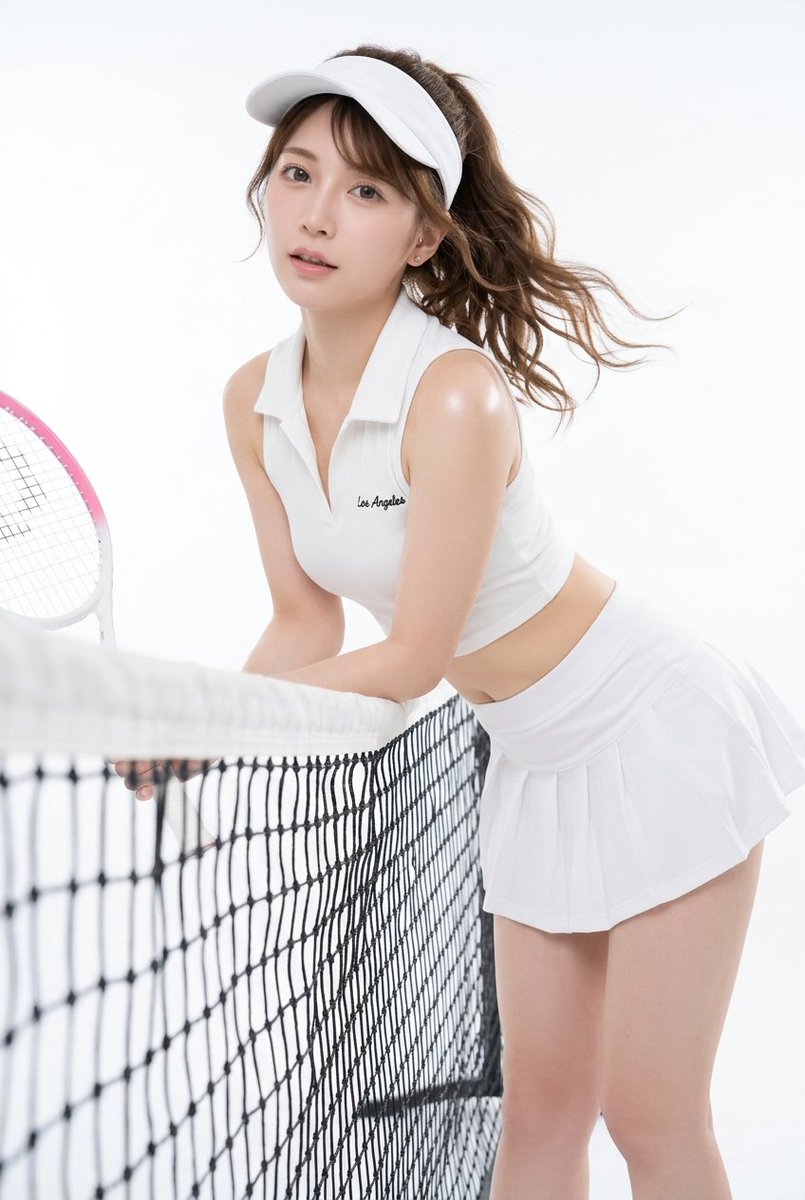 A sporty woman in a white sleeveless crop top and pleated mini skirt, playfully leaning over a tennis net in soft studio lighting.