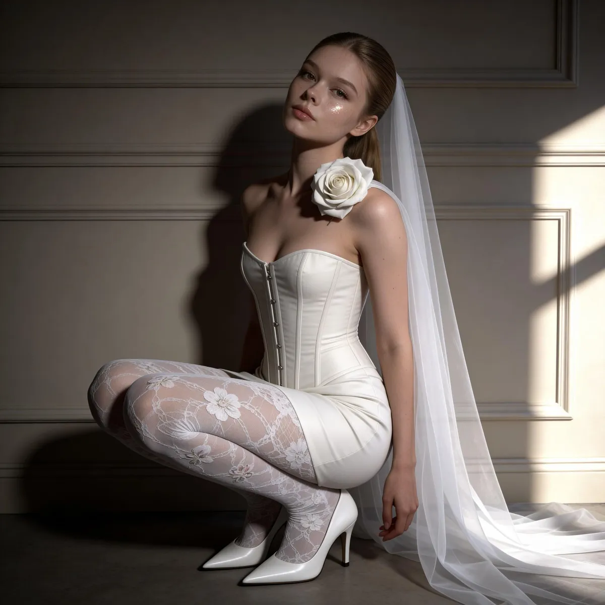White Corset Mini Dress Crouching With Rose Veil