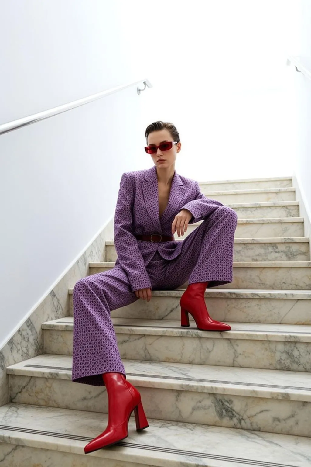 Purple Suit Woman Marble Stairs Red Sunglasses