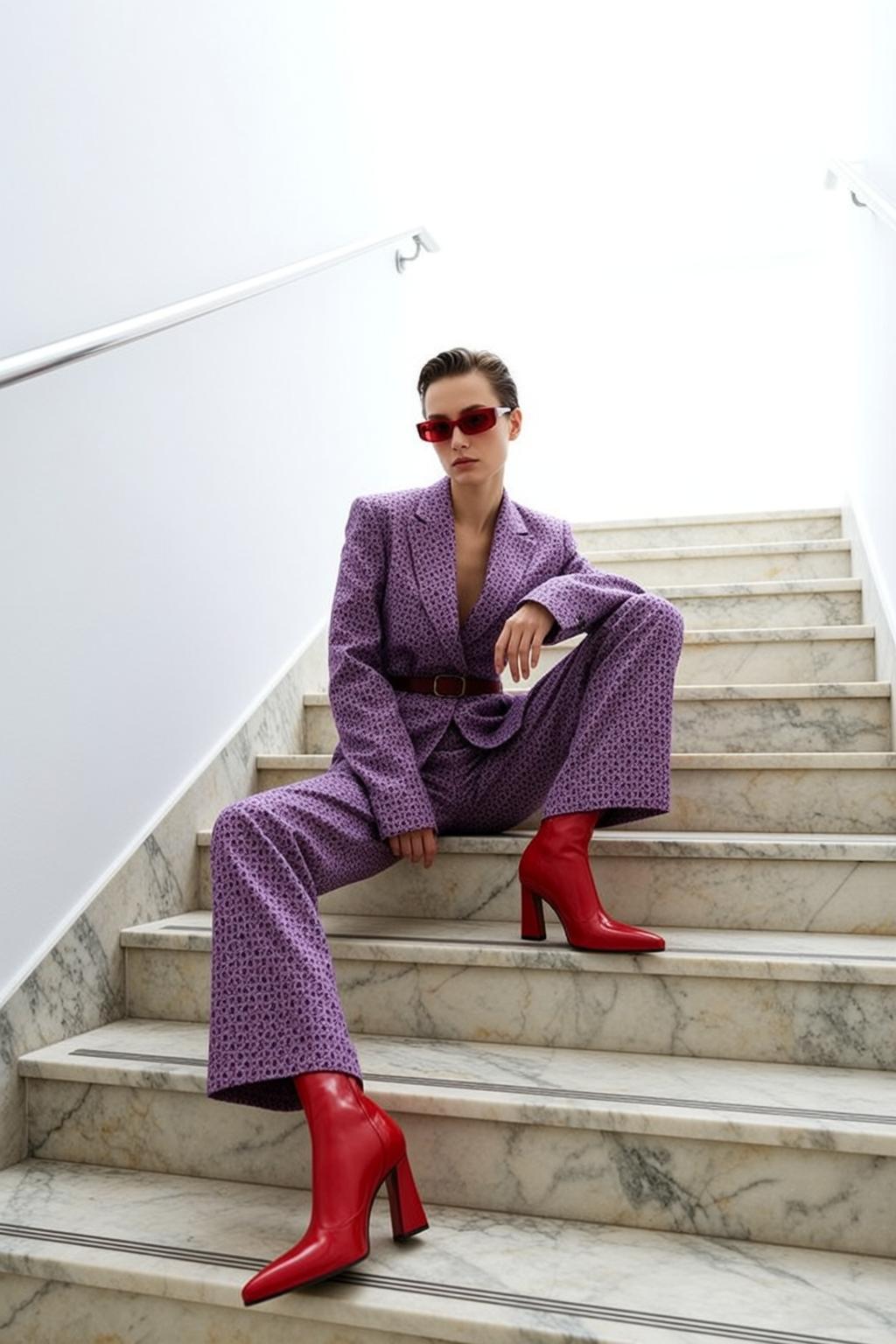 Purple Suit Woman Marble Stairs Red Sunglasses