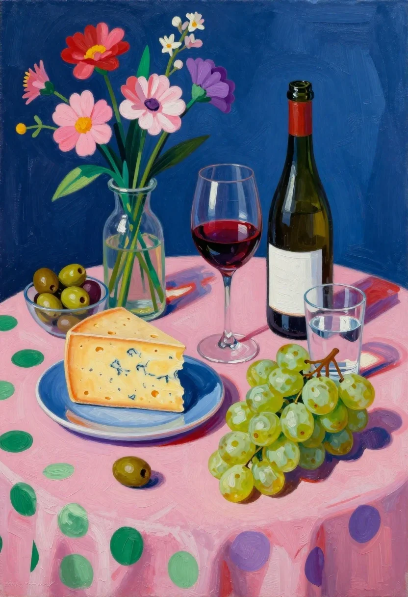 Oil Painting Vibrant Still Life Scene Table Covered With Pink reference photo