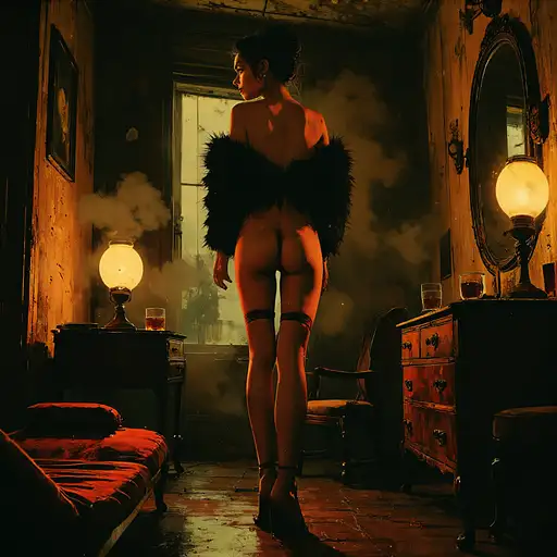 A nude woman in a dimly lit 1950s boudoir, draped in a black fur boa, embodying elegance and sensuality.