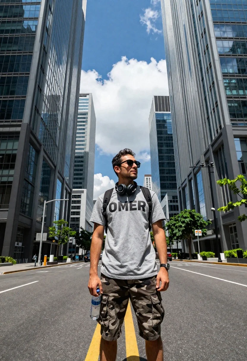 Low-angle Street Portrait Young Man Standing The Middle Empty City reference photo