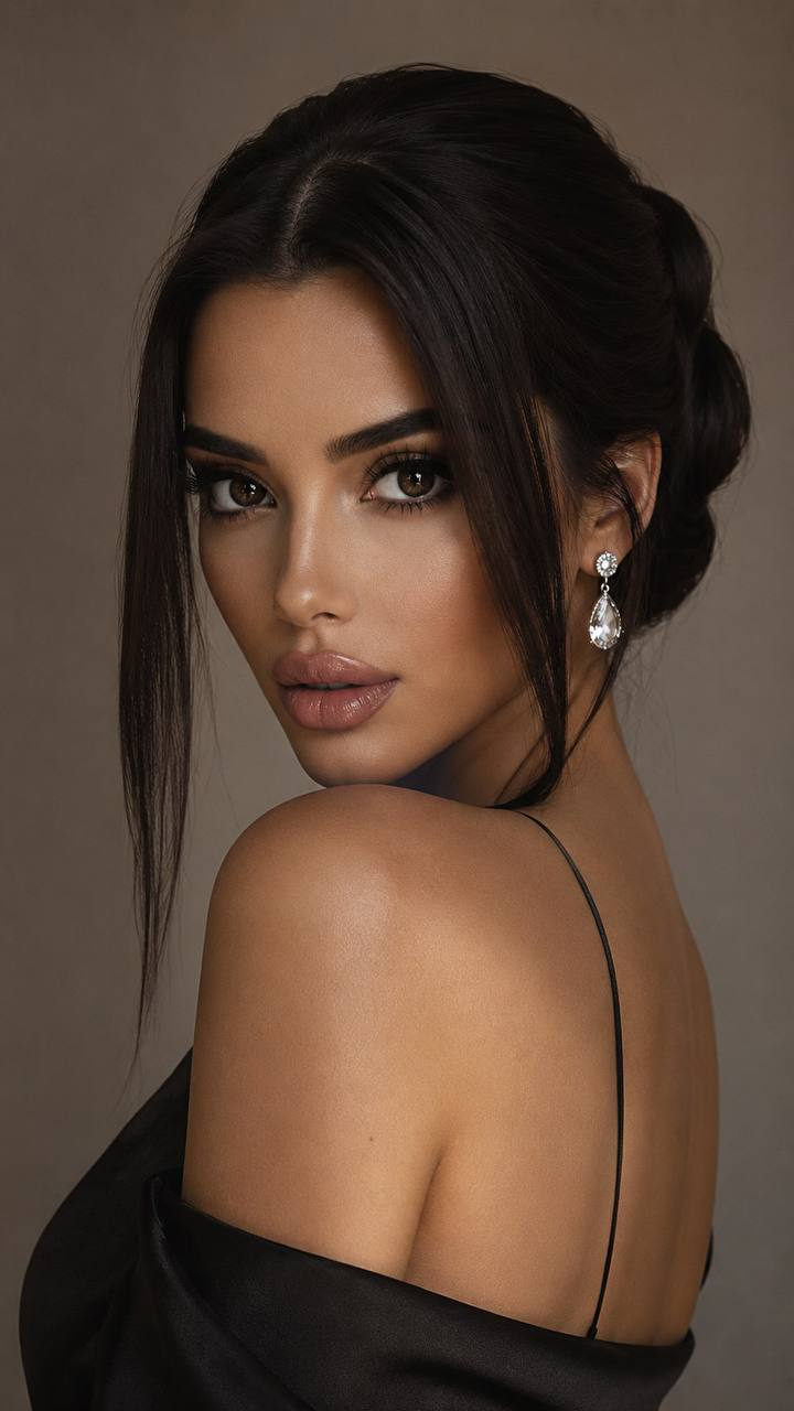 Close-up portrait of a woman with an elegant hairstyle and flawless makeup, showcasing soft lighting and a minimalist background.