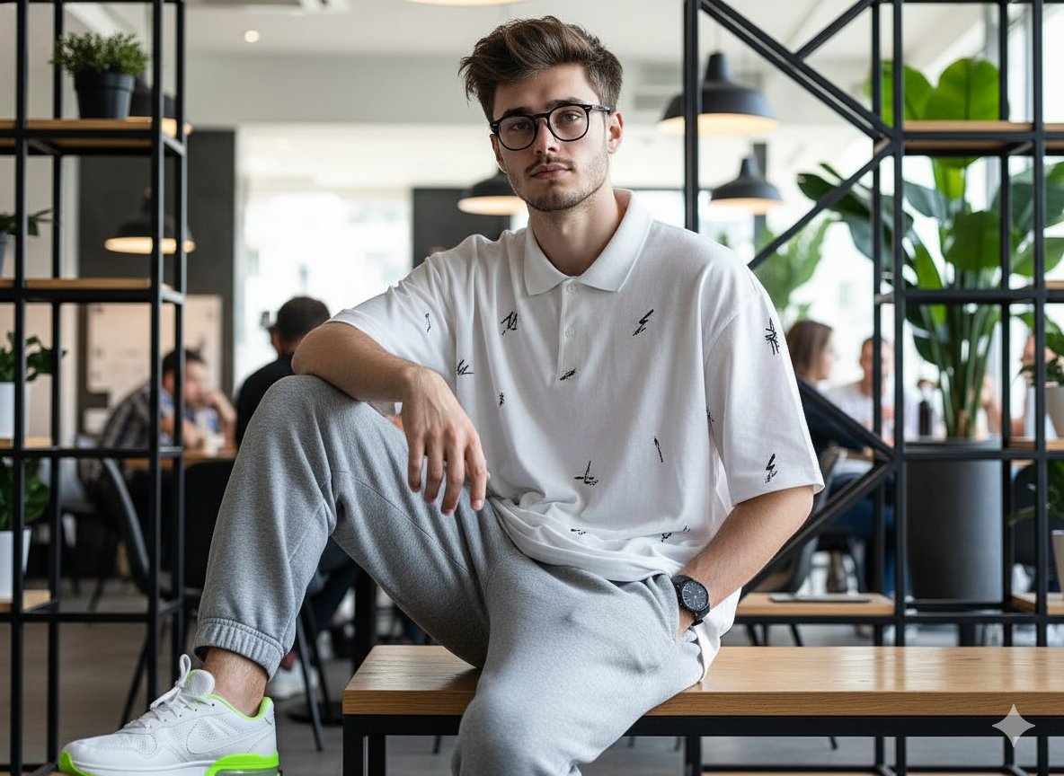 A hyper-realistic portrait of a young man seated in a modern café, showcasing a trendy outfit and confident pose.