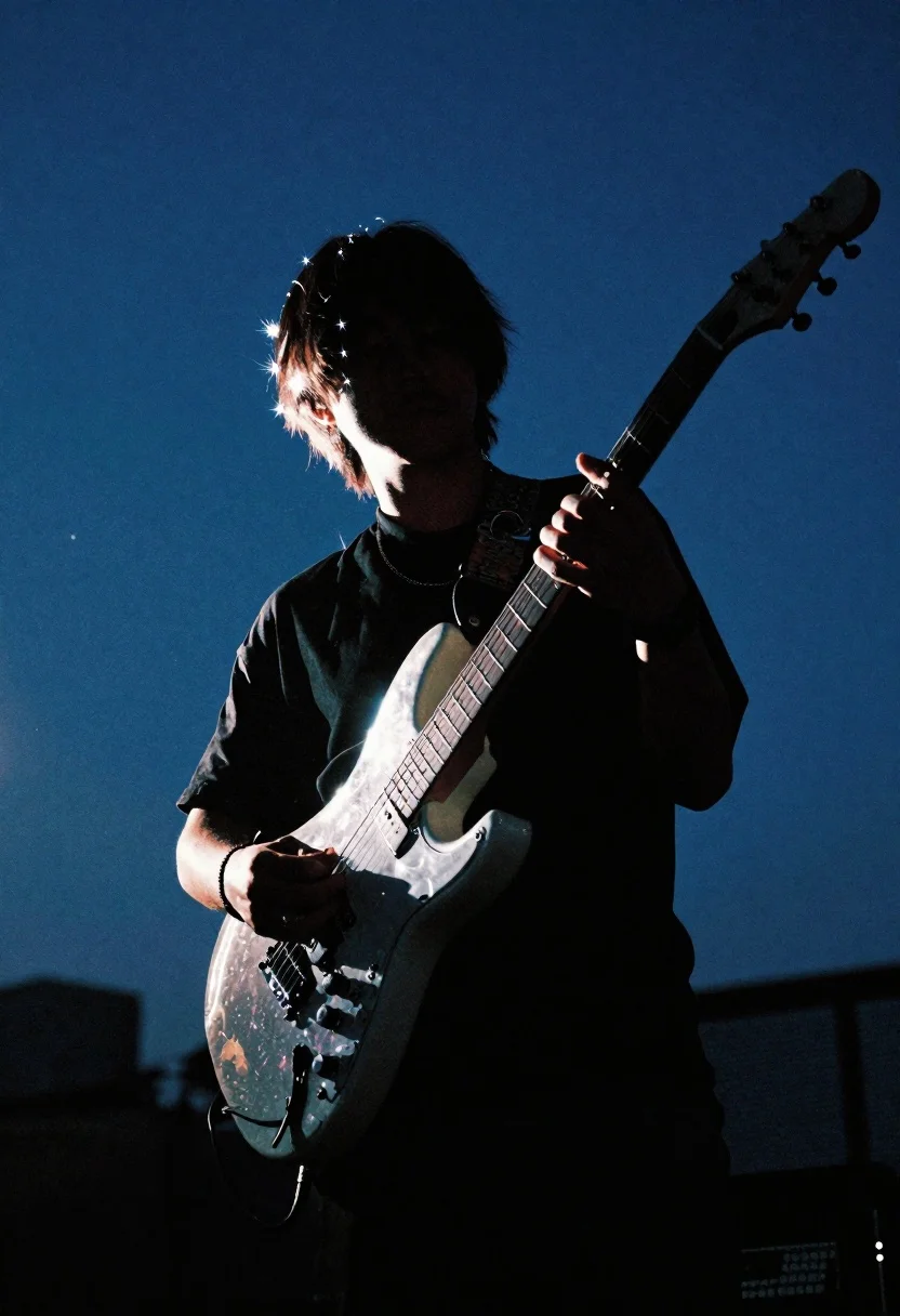 Low-angle Shot Musician Silhouetted Against Deep Blue Night Sky Subject reference photo