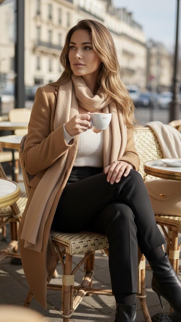 Sits At Parisian Sidewalk Cafe Terrace On Woven Bistro Chair