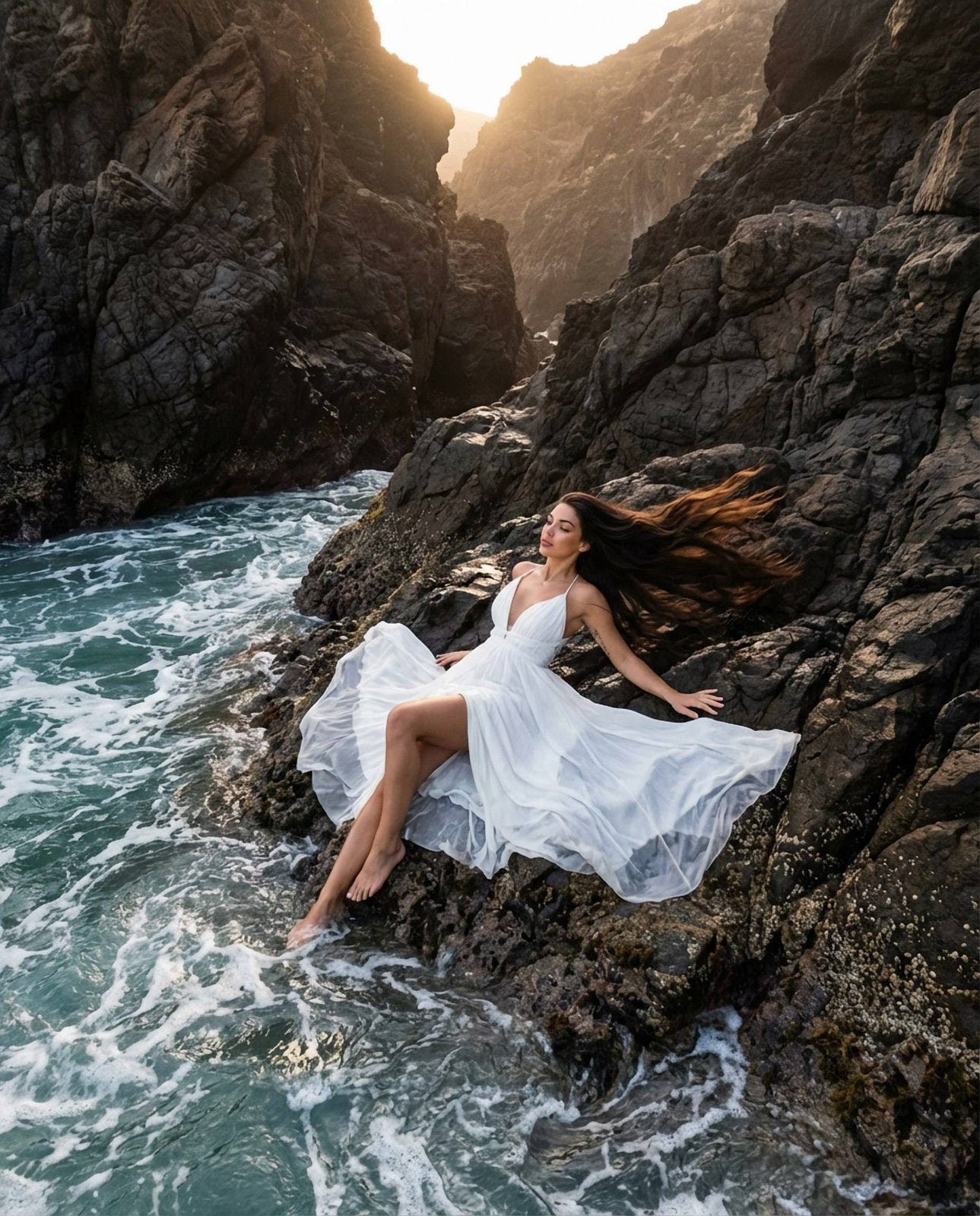 Aerial shot of a girl in a white beach dress standing by the water on a mountain cliff, long hair flowing in the wind with waves at her feet.