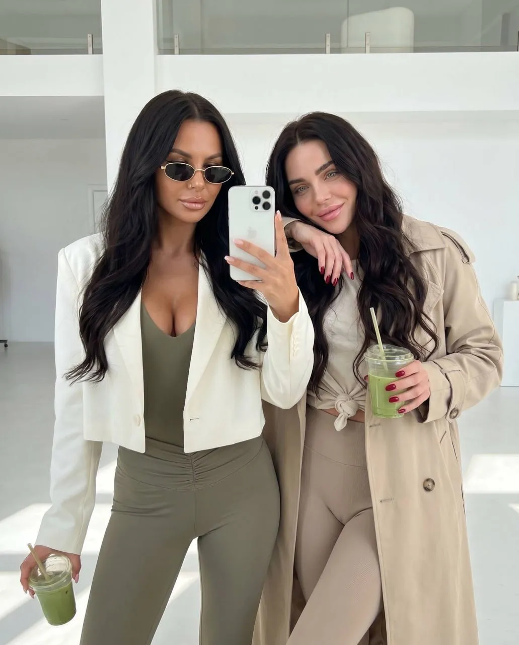 Two Women Mirror Selfie Bright Building