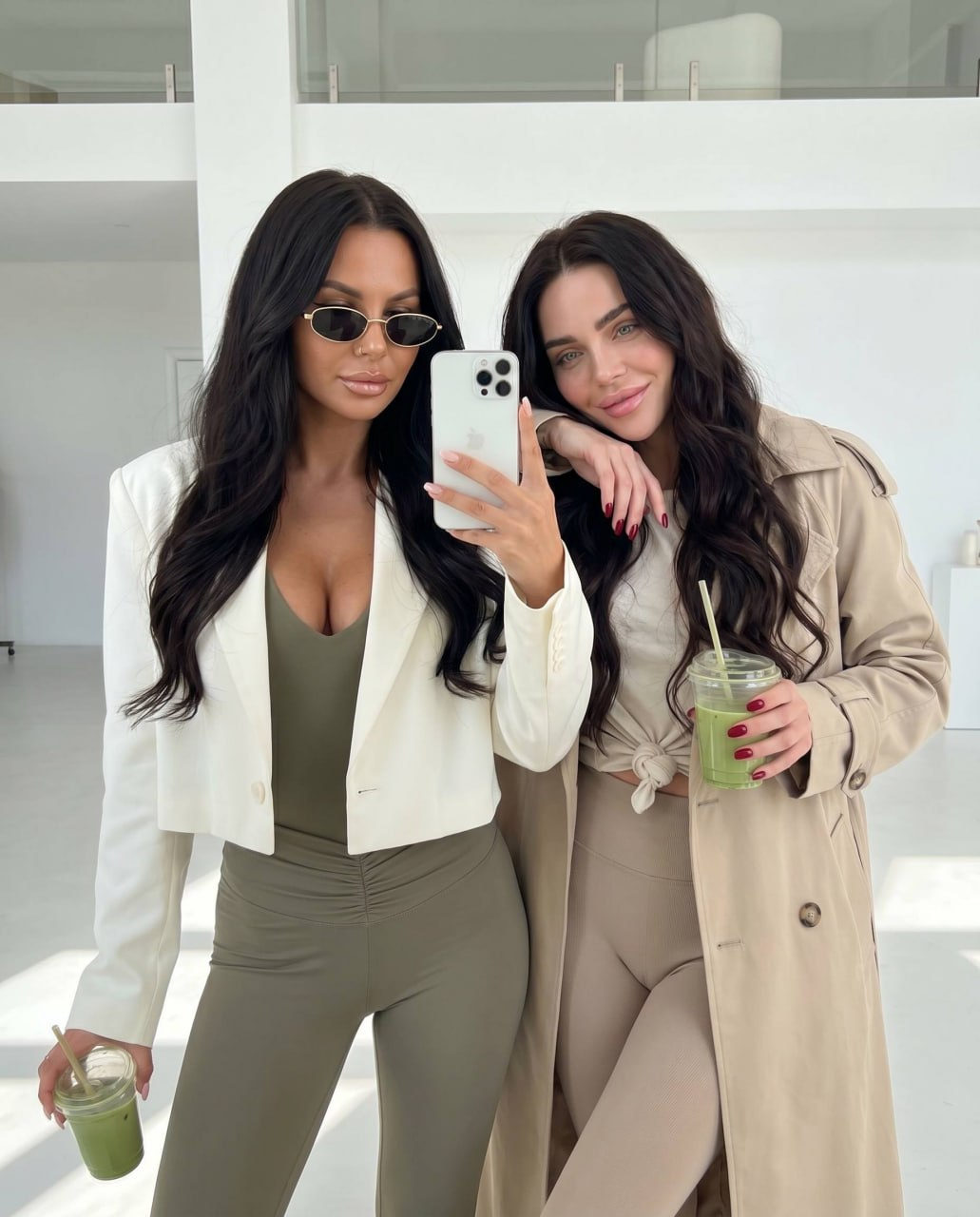 Two women in a bright building taking a mirror selfie, showcasing natural makeup and realistic skin texture.