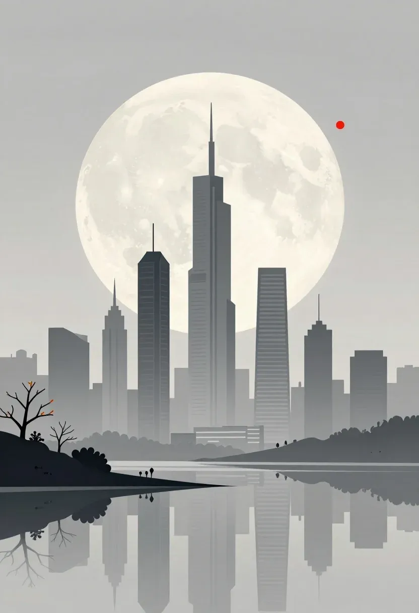 Minimalist Digital Illustration Futuristic City Skyline Reflected Calm Water Under