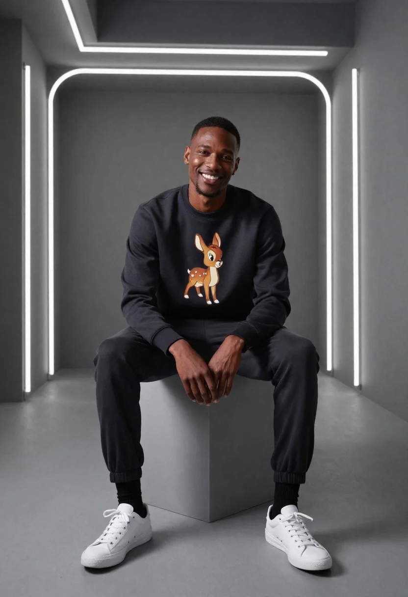 High-fashion Studio Portrait Smiling Man Seated Minimalist Cube Modern Monochrome reference photo