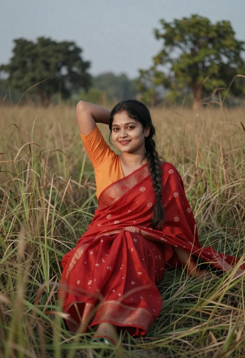 Young Woman Sits Gracefully Field Tall Grass Smiling Warmly The reference photo