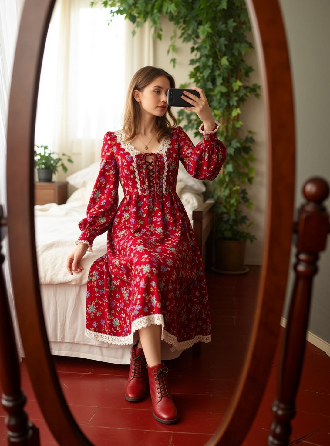 Red Floral Bed Selfie
