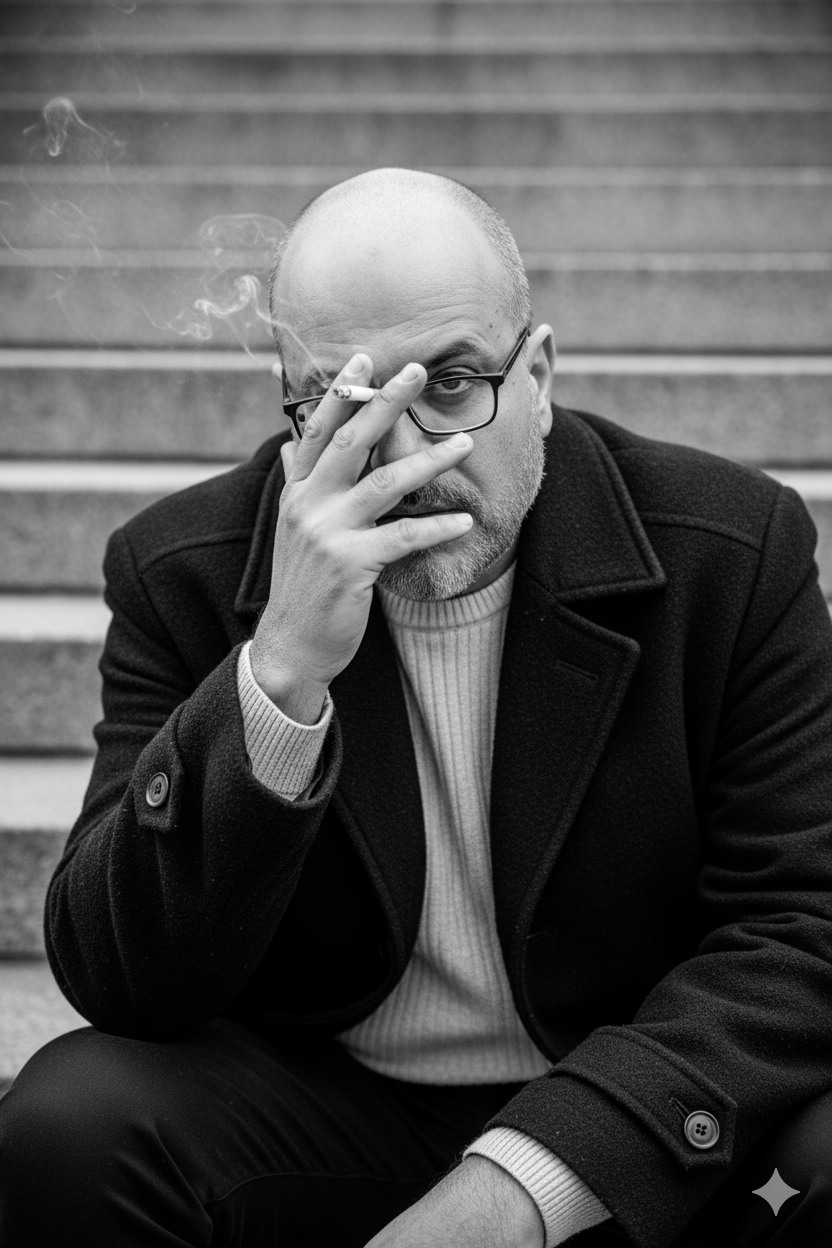 A cinematic black and white portrait of an edgy bald man in his 50s, seated on concrete steps, holding a lit cigarette and gazing intensely.