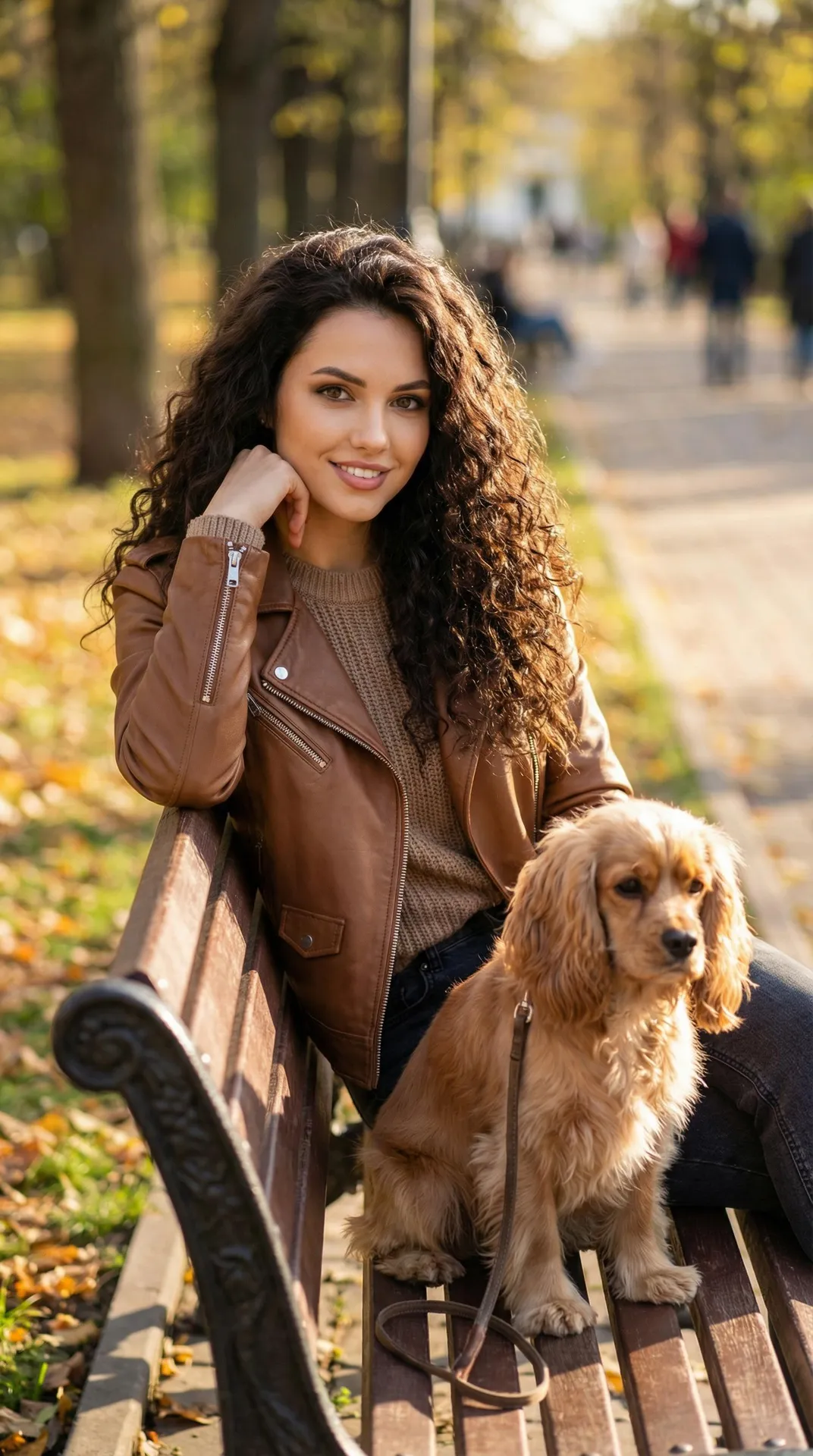 Autumn Park Bench With Dog Golden Hour Sunlight