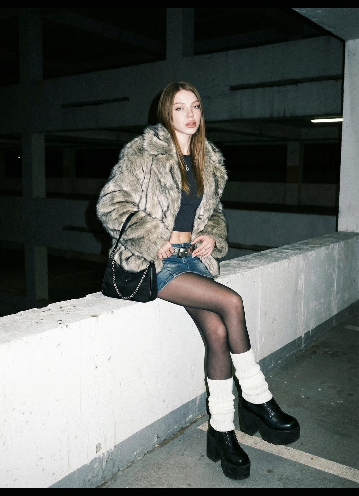 Ultra-realistic Y2K rooftop portrait of a model in a shaggy faux-fur jacket sitting on a concrete wall at night, lit by flash.