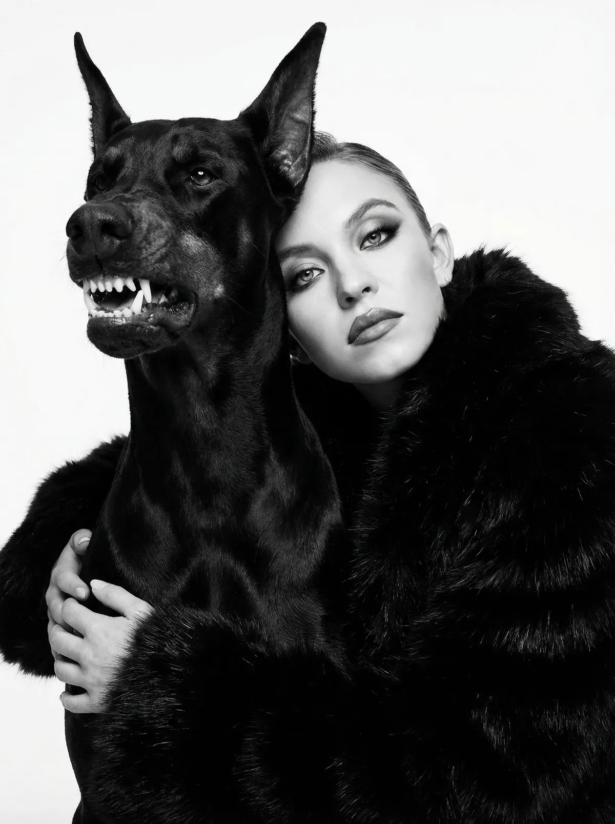 Faux Fur Coat Doberman Snarl Studio B W